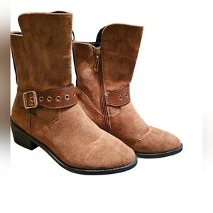 Women’s Suede Mid-Calf Buckle Boots in Tan, Sz 6